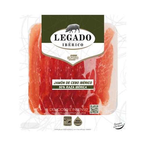 Jamón de cebo ibérico (50% raza ibérica), cortado en lonchas finas con separador LEGADO IBÉRICO de El pozo 60 g.