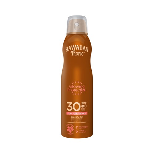 HAWAIIAN TROPIC Glowing protection Aceite solar en spray con textura bruma seca, aceite de argan y FPS 30 (medio) 180 ml.