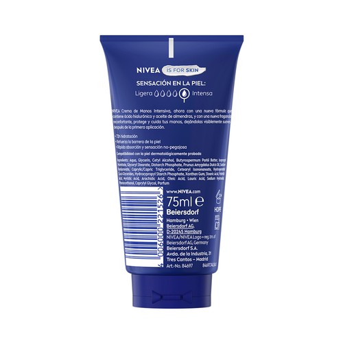 NIVEA Crema de manos hidratación intensa, para pieles secas 75 ml.