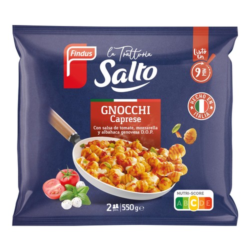 FINDUS La tratoria Gnocchi caprese con salta de tomate, mozzarella y albahaca genovesa D.O.P. 550 g.
