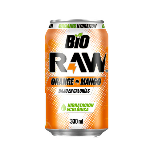 Bebida isotónica ecológica de naranja y mango BIO RAW 330 ml.