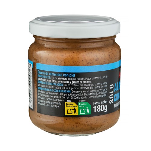 PRODUCTO ALCAMPO Crema de almendra con piel, sin gluten 180 g.