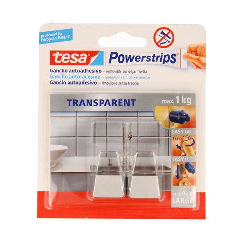2 ganchos grandes adhesivos transparentes con toques blancos+4 tiras adhesivas TESA Powerstrip.