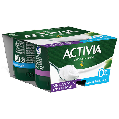 Bífidus desnatado (0% materia grasa), sin lactosa, sin gluten y de sabor natural edulcorado ACTIVIA de Danone 4 x 120 g.