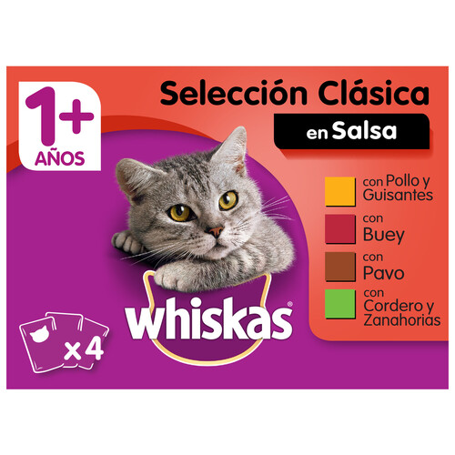 Comida para gatos con cuatro sabores diferentes WHISKAS 4 uds. 100 g.