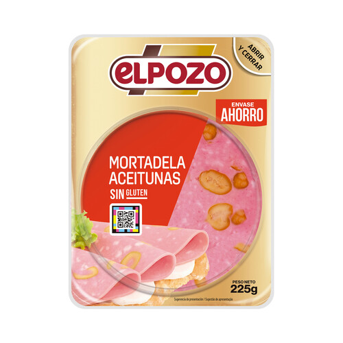 Mortadela con aceitunas, cortada en lonchas y elaborada sin gluten EL POZO 270 g.