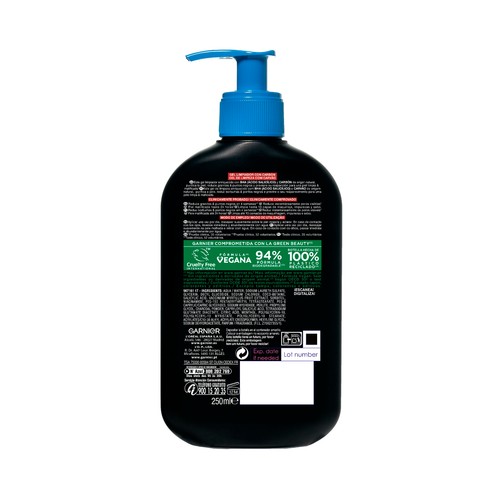GARNIER Pure active Gel limpiador con carbón para pieles con tendencia acneica y puntos negros 250 ml.
