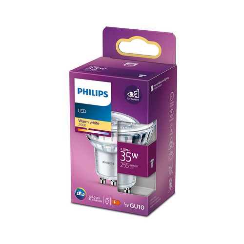 Bombilla Led GU10, 3,5W=35W, luz cálida 2700K, 255lm, PHILIPS.