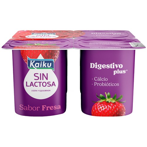 KAIKU Digestivo Plus Yogur de fresa sin lactosa, con calcio y probióticos 4 x 125 g.