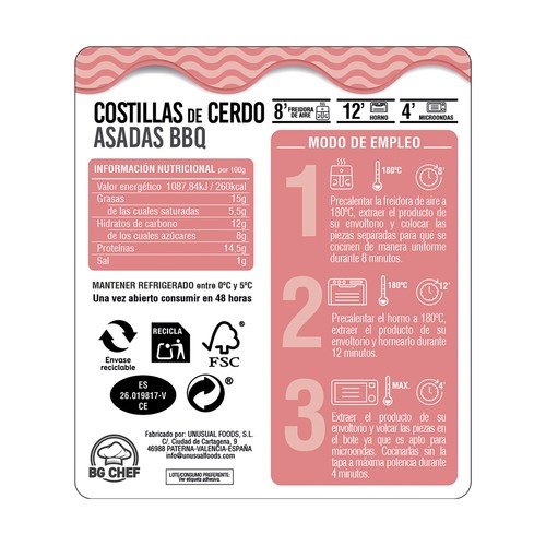 BG CHEF Costillas de cerdo asadas bbq Steak House Style 500 g.