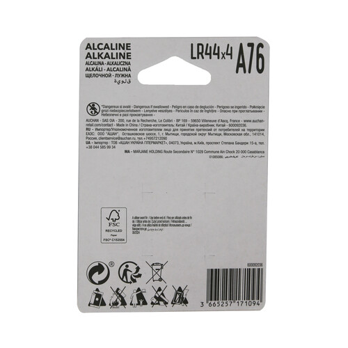 Pack de 4 pilas de botón alcalinas LR44, A76, 1,5V, PRODUCTO ALCAMPO.