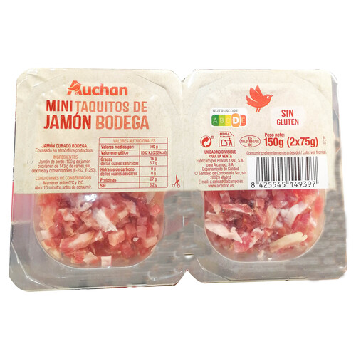 AUCHAN Jamón curado en bodega, cortado en mini taquitos 2 x 75 g. Producto Alcampo