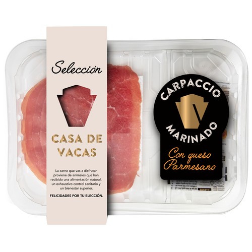CASA DE VACAS Selección Carpaccio de vacuno marinado, con queso parmesano 125 g.