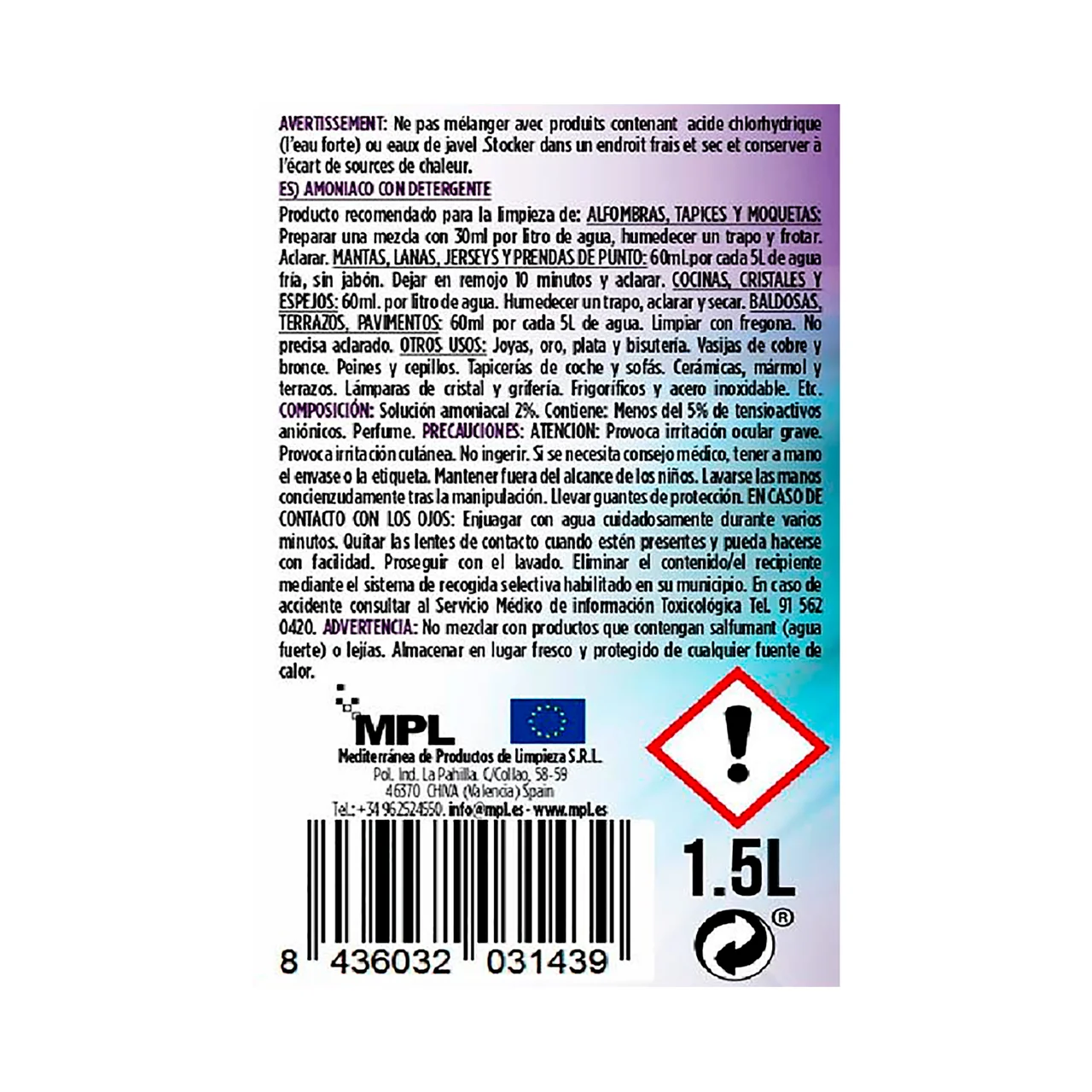 Amoniaco con detergente 1,5 l.