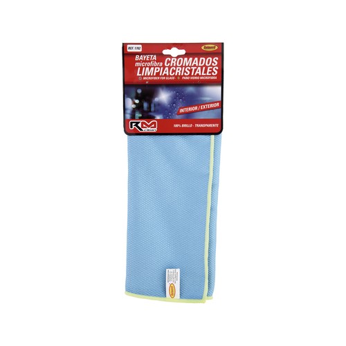 Gamuza de 40 x 35 centímetros, de color azul fabricada en microfibra y especial para la limpieza de cromados y cristales, RM CLEAN.