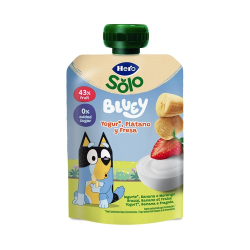 HERO Solo Bolsita de yogur con plátano y fresa, sin azúcares añadidos, a partir de 6 meses 100 g.