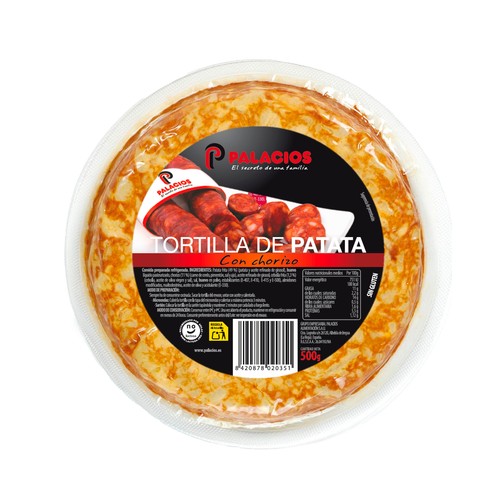 PALACIOS Tortilla de patata con chorizo, lista para calentar y comer 500 g.