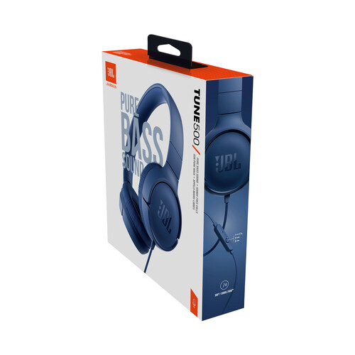 Auriculares tipo diadema JBL TUNE 500, micrófono, color azul.