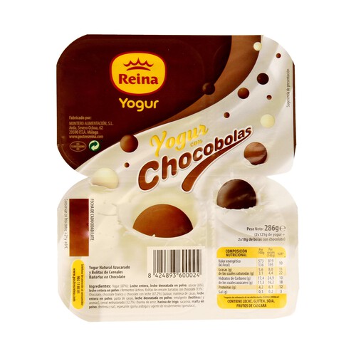 REINA Yogur natural azucarado, con bolitas de creales bañadas en chocolate Chocobolas 2 x 143 gr.