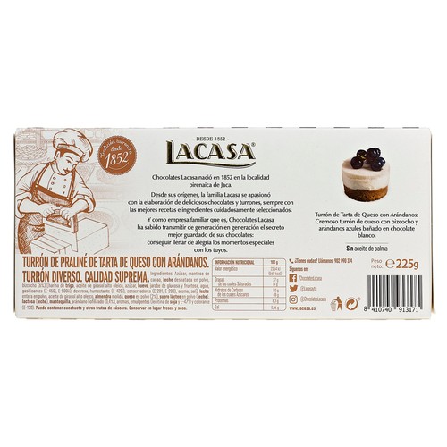 Turrón de tarta de queso con arándanos LACASA 225 g.