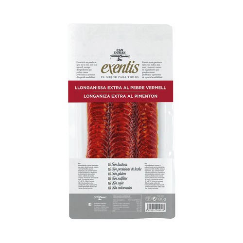 CAN DURAN Longaniza al pimenton de categoria extra, cortada en finas lonchas CAN DURAN Exentis 100 g.