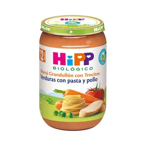 HIPP Biológico Tarrito (con trocitos) de verduras ecológicas, con pasta y pollo, partir de 12 meses 220 g.