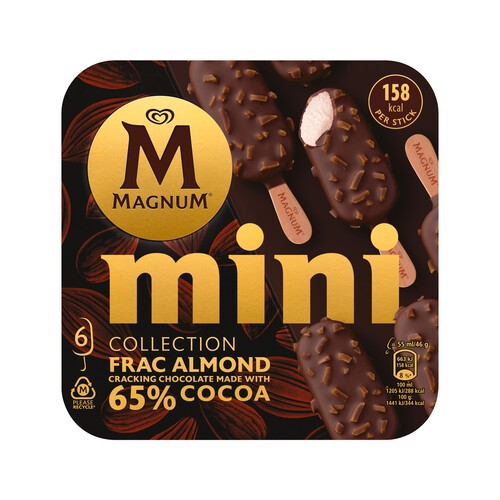 MAGNUM Mini bombón de helado de nata con chocolate crujiente (65% cacao) y almendras collection frac almond 6 x 55 ml.