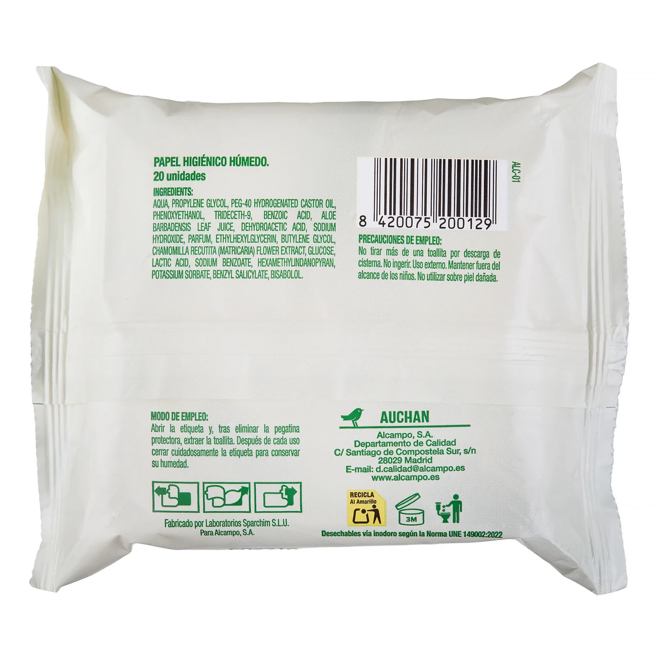 PRODUCTO ALCAMPO Papel higiénico húmedo 20 uds