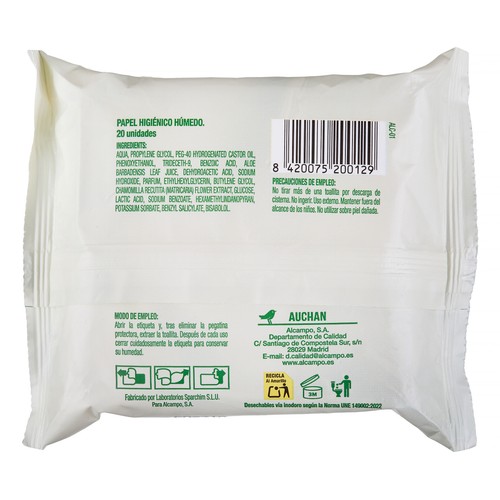PRODUCTO ALCAMPO Papel higiénico húmedo 20 uds