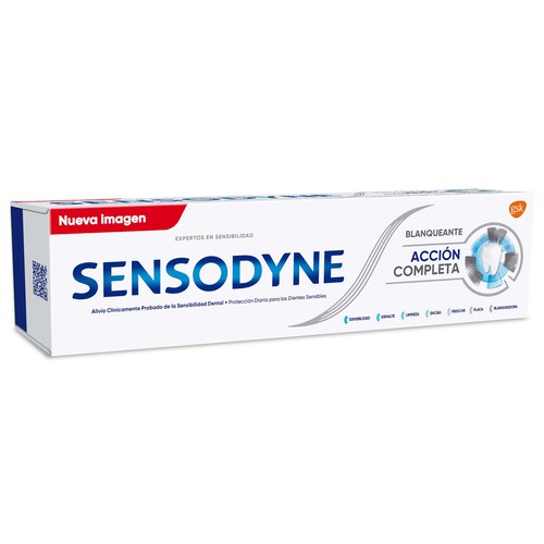 SENSODYNE Pasta de dientes con flúor y acción blanqueante, especial dientes sensibles SENSODYNE Acción completa 75 ml.