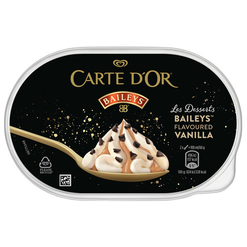 CARTE D'OR Tarrina de helado de vainilla con sabor a Baileys, con salsa de caramelo y trocitos de chocolate CARTE D´OR Les desserts 900 ml.