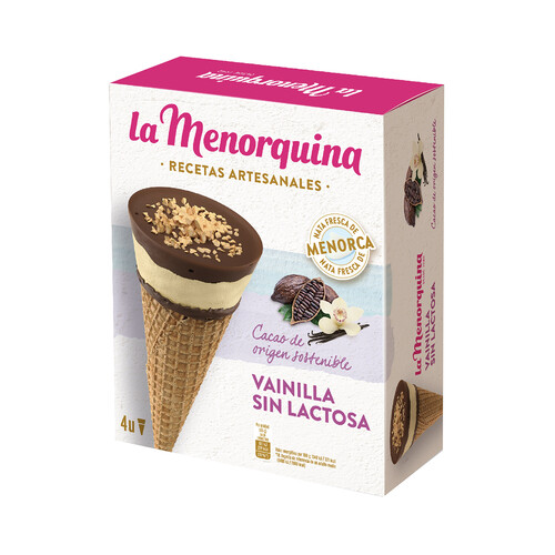 LA MENORQUINA Cono de vainilla y chocolate, sin lactosa LA MENORQUINA Recetas artesanales 4 X 120 ml.