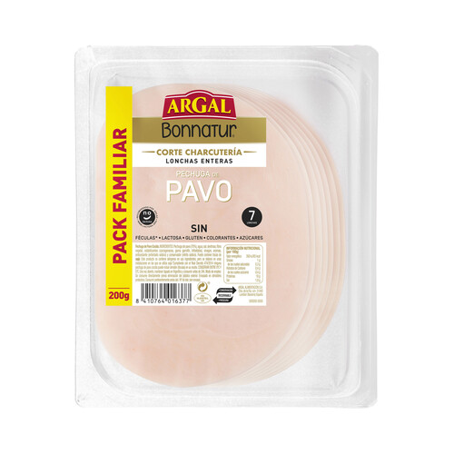 Pechuga de pavo cortada en lonchas enteras BONNATUR Corte charcutería de Argal 200 g.