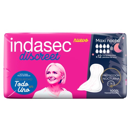 INDASEC Discreet Compresas maxi noche incontinencia, para pérdidas de orina moderadas a severas 12 uds.