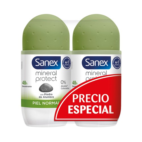 SANEX Mineral protect Desodorante roll on para mujer con piedra de alumbre, para pieles normales 2 x 50 ml.