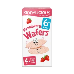 KIDDILIDIOUS Wafers (galletas) de arroz sabor a fresa, a partir de 6 meses 4 x 4 g.