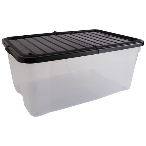 Caja de ordenación transparente con tapa color negro, 40 litros, ESSENTIAL.
