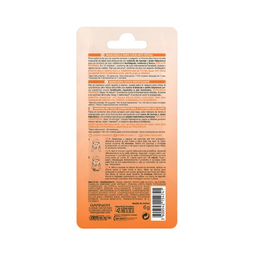 GARNIER Skin active Mascarilla de tela para el contorno de los ojos, anti-fatiga y anti-ojeras.