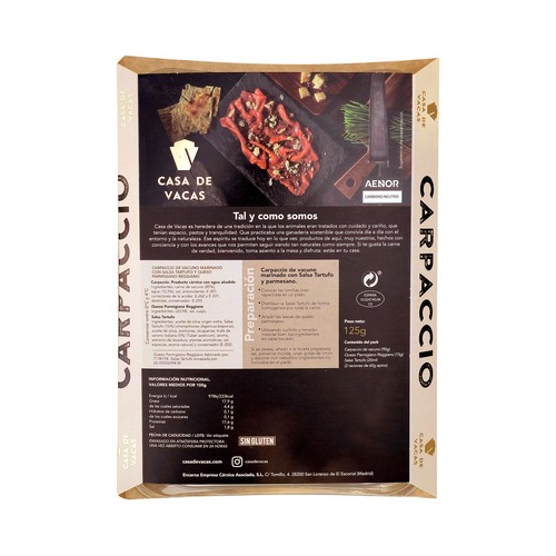 CASA DE VACAS Carpaccio de vacuno marinado con salsa de trufa 90 g.