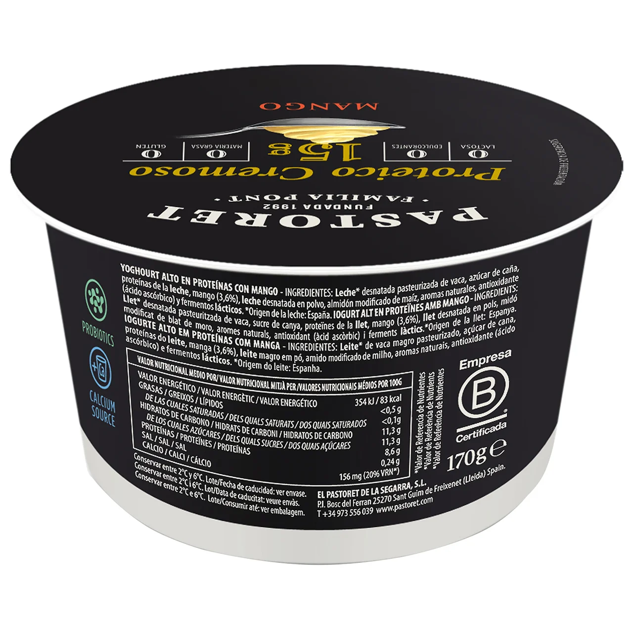 Proteico cremoso 0% materia grasas, con alto contenido en proteinas y mango 170 g.