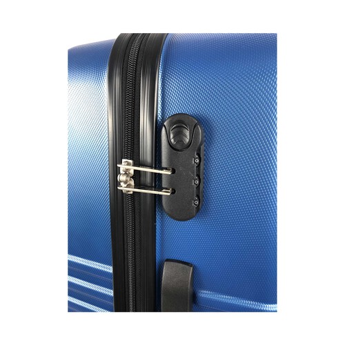 Maleta grande rígida de color azul de 70 cm. tipo trolley con 4 ruedas y cierre por código, AIRPORT ALCAMPO.