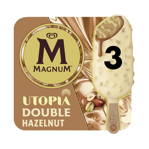 MAGNUM Utopia doble hazelnut de Frigo Helado de avellana, almendra y caramelo recubierto de chocolate blanco 3 x 85 ml.
