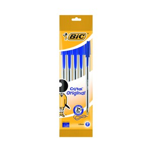 5 bolígrafos con tapa punta media y grosor de 1mm con tinta de base aceite azul BIC Cristal original.