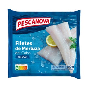 Imagen de PESCANOVA Filetes merluza del Cabo, sin piel de tamaño mediano, ideales para plancha o rebozar 400 g.