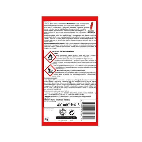 RAID Insecticida spray cucarachas, arañas, hormigas y otros insectos rastreros RAID 400 ml.