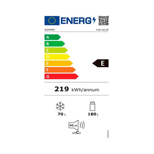 Frigorífico combi 180cm ROMMER FCE342NF, color blanco, NO FROST, clasificación energética: E, H: 180cm, A: 54cm, F: 57,6cm, capacidad total: 250L.