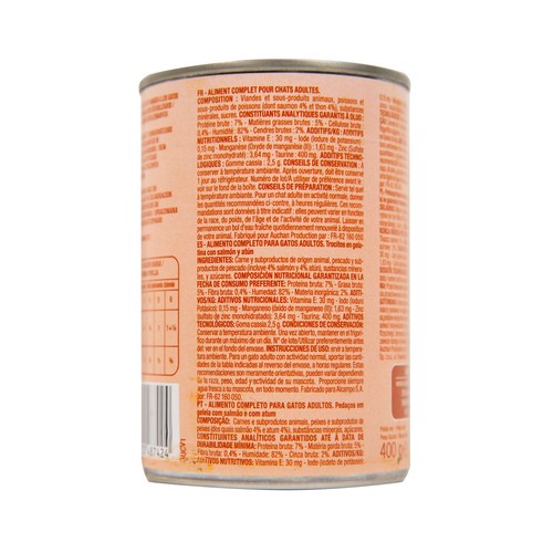PRODUCTO ALCAMPO Comida para gatos a base de salmón y atún 400 g.