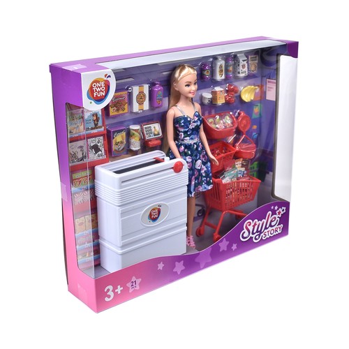 Conjunto Style Story Muñeca en el Supermercado con caja, procuctos y accesorios, 21 piezas +3 Años ONE, TWO FUN