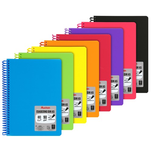 Cuaderno A5 polipropileno 80h 90gr, cuadrícula 3mm espiral surtido. AUCHAN