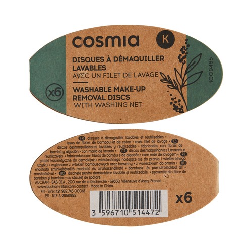 COSMIA Discos desmaquillantes lavables, aptos para todo tipo de pieles 6 uds.